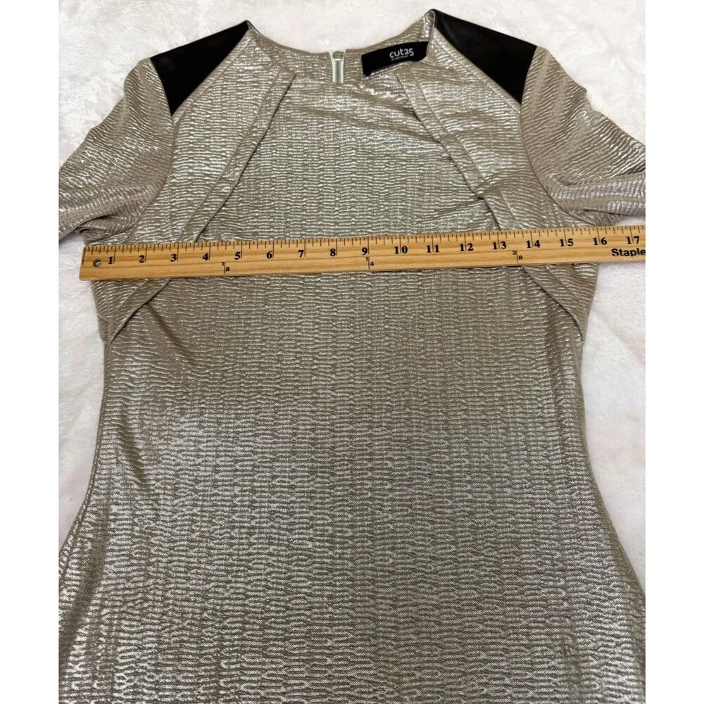 Cut25 Yigal Azrouël Gold Metallic Textured Dress Lambskin Trim Long Sleeve S